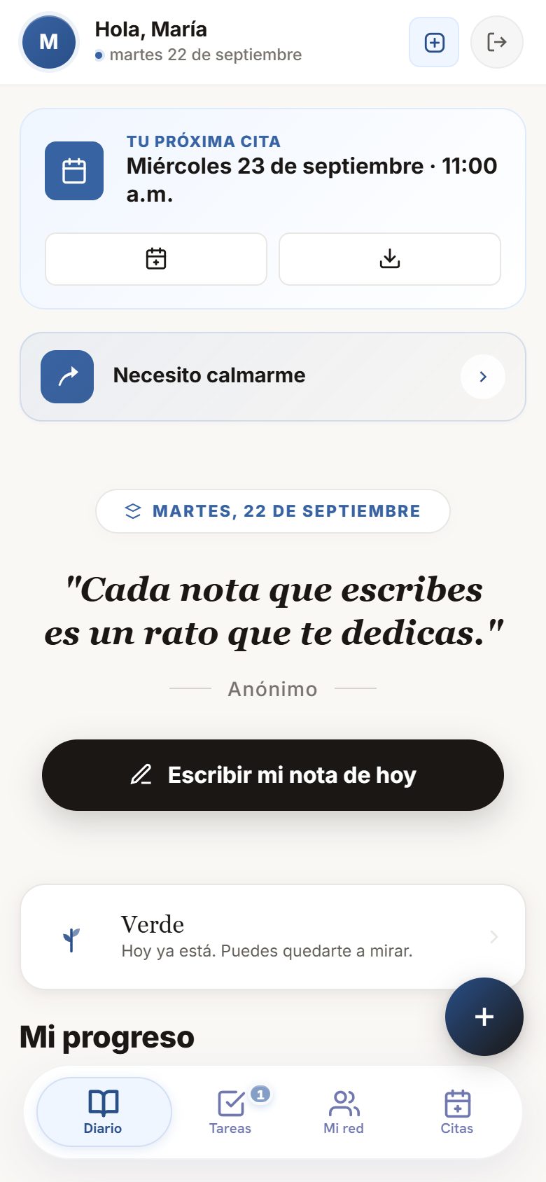 Inicio del portal del paciente en un teléfono: su próxima cita y el acceso a su diario.