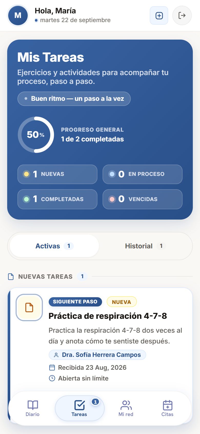 Las tareas del paciente en su portal: su progreso y la próxima actividad asignada.